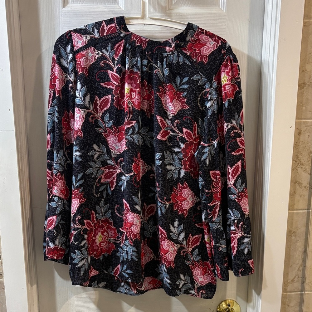 LOFT Floral Blouse in Black with Pink and Red Accents
